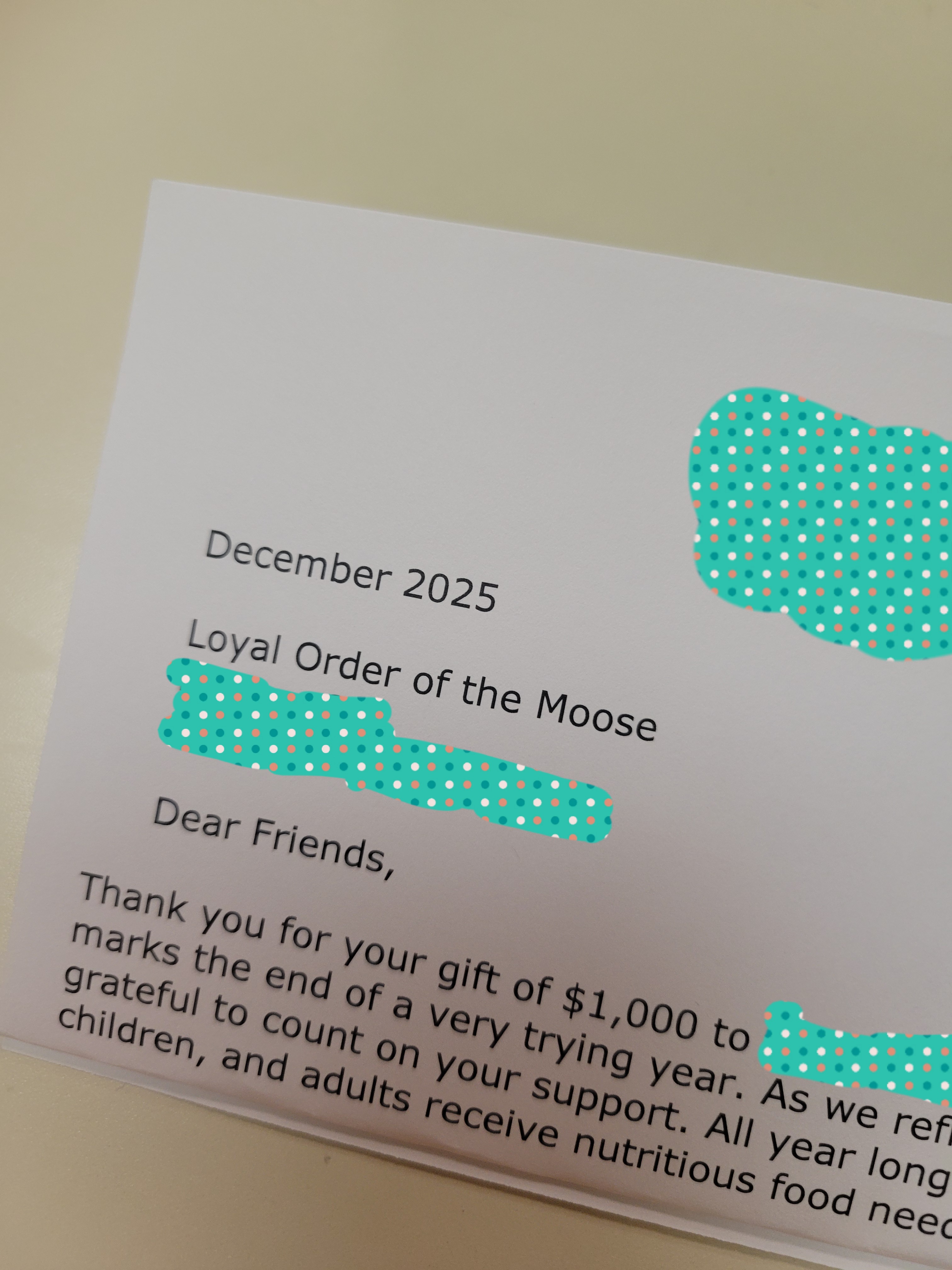 Food bank letter addressed to the loyal order of the moose where they are thanked for their donation.